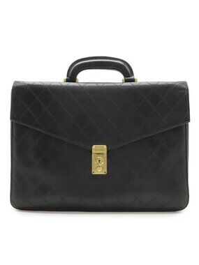 Chanel Bicolor CC Logo Business Briefcase Document Purse Handbag Leather Black